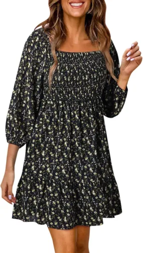 Women Square Neck Smocked Dresses Floral Printed Ruffled Lantern Sleeves A Line Long Dress Swing Mini Dress Sundress