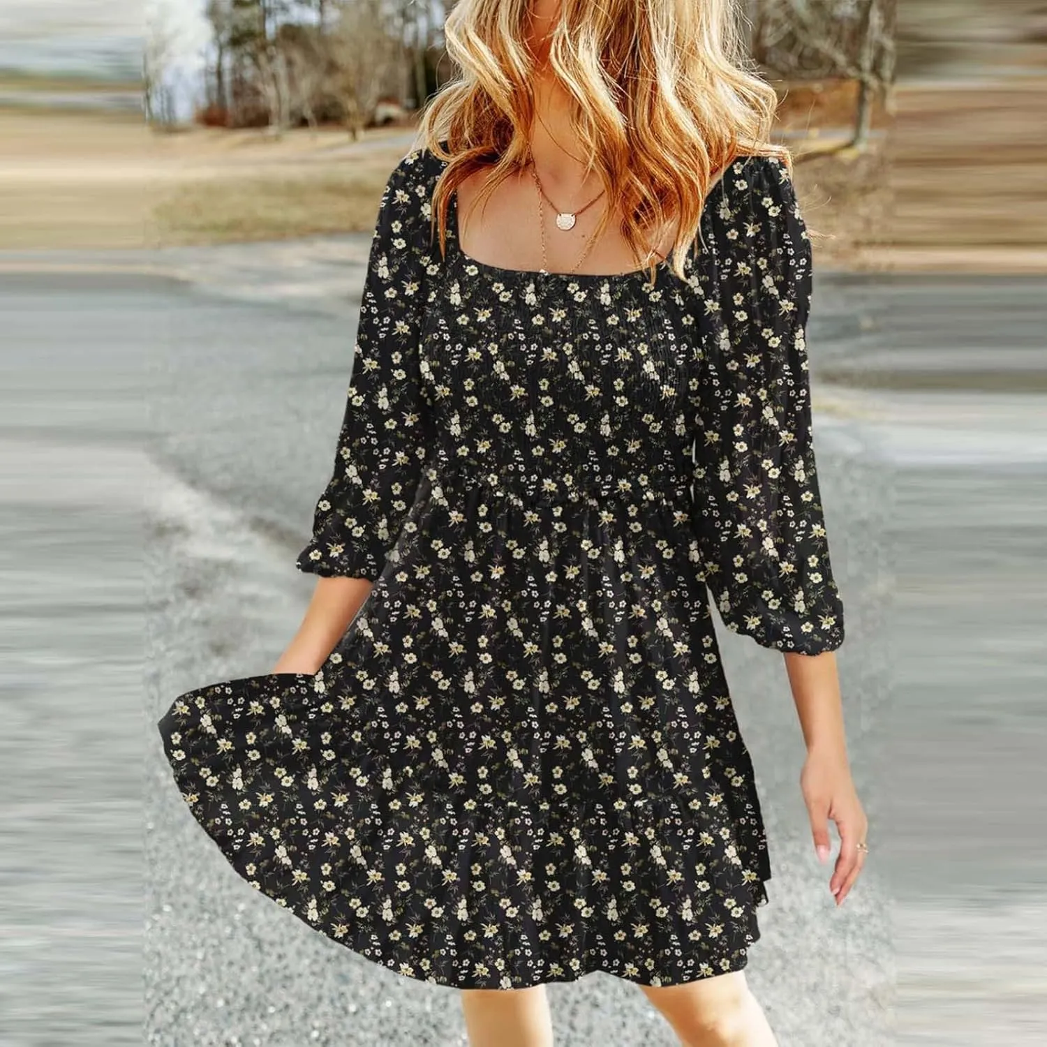 Women Square Neck Smocked Dresses Floral Printed Ruffled Lantern Sleeves A Line Long Dress Swing Mini Dress Sundress
