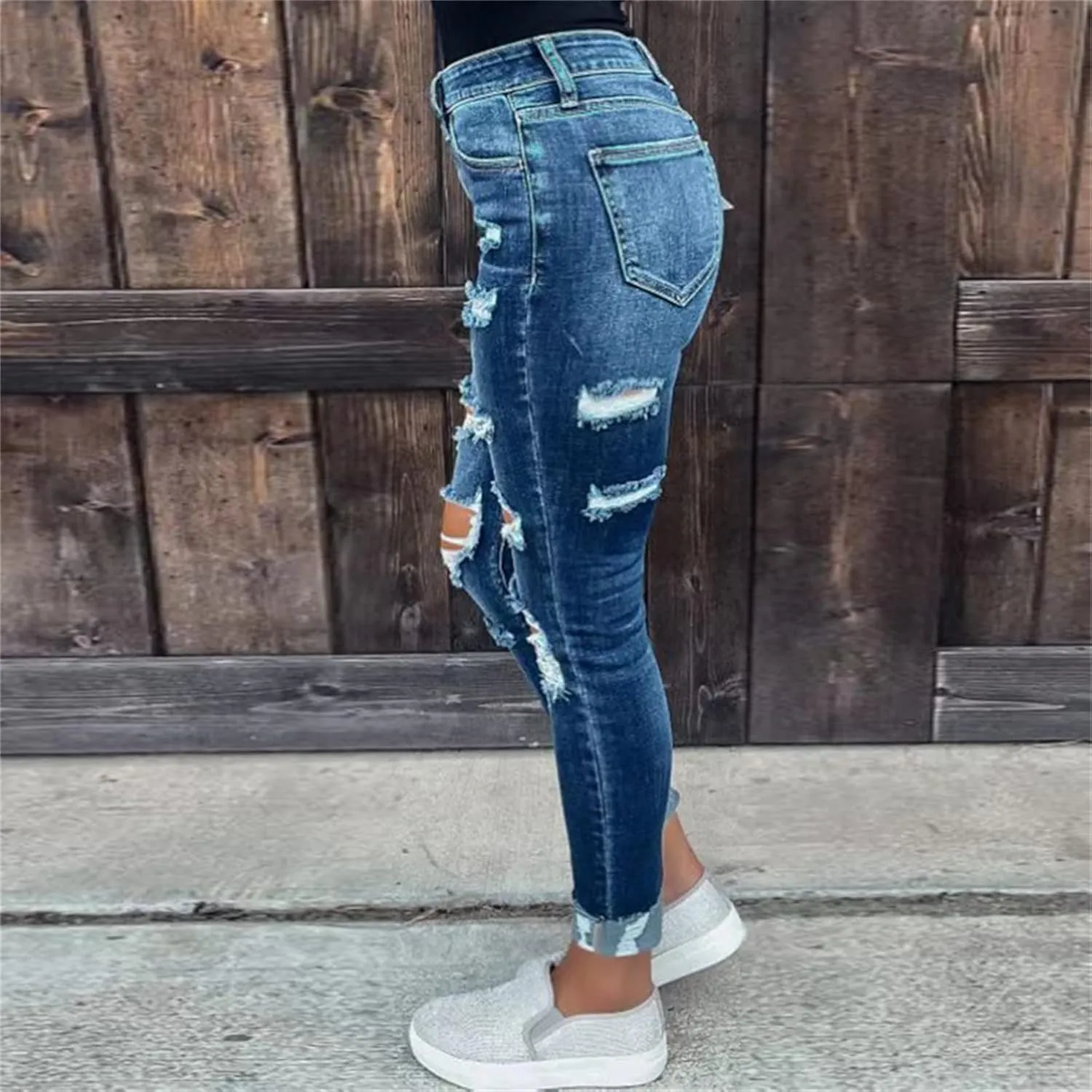 Women's Butt Lift Ripped Denim Skinny Jeans Cute Distressed Jeans Stretch Skinny Comfy Jeans with Hole (Large,Blue 1)