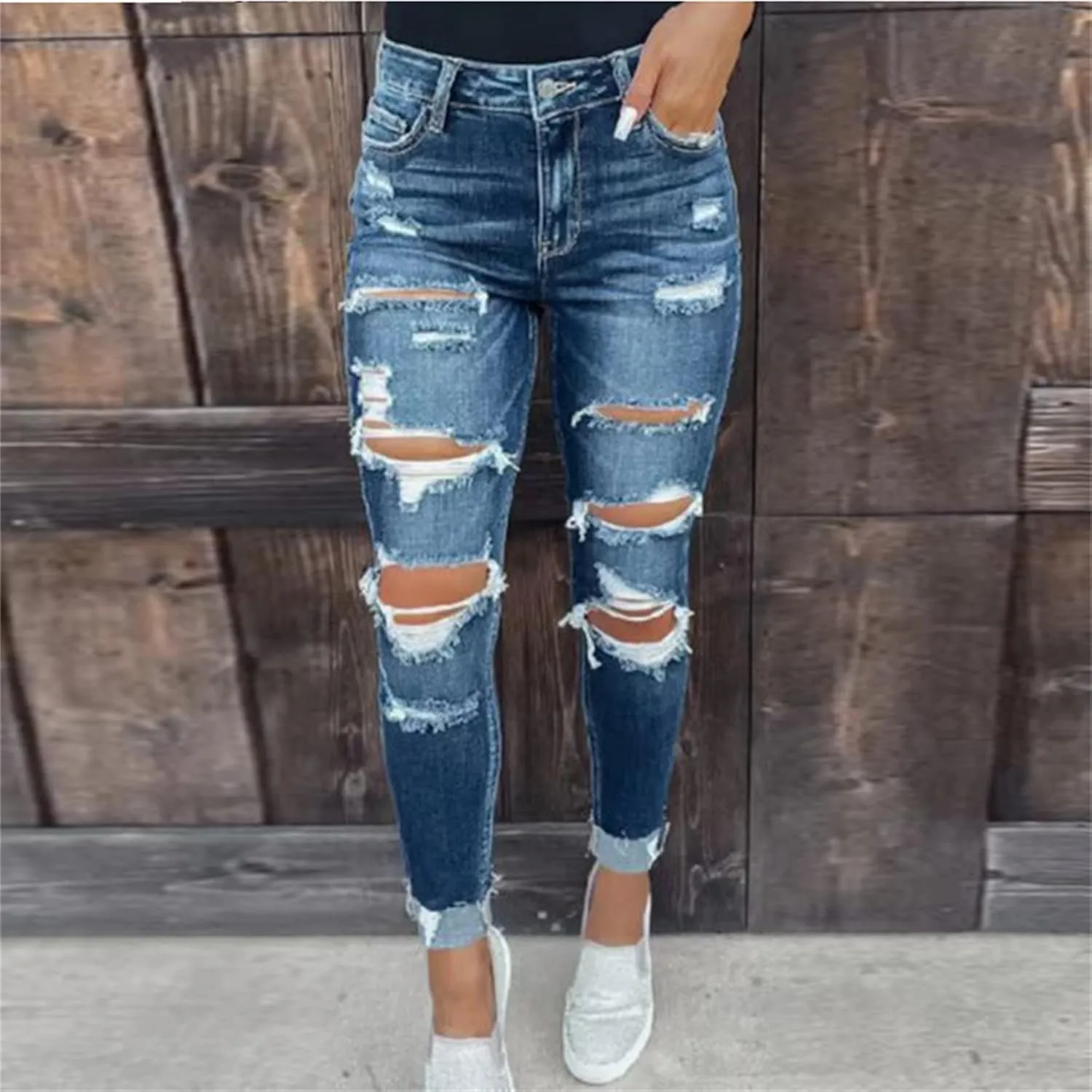 Women's Butt Lift Ripped Denim Skinny Jeans Cute Distressed Jeans Stretch Skinny Comfy Jeans with Hole (Large,Blue 1)