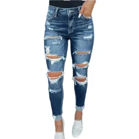 Women's Butt Lift Ripped Denim Skinny Jeans Cute Distressed Jeans Stretch Skinny Comfy Jeans with Hole (Large,Blue 1)