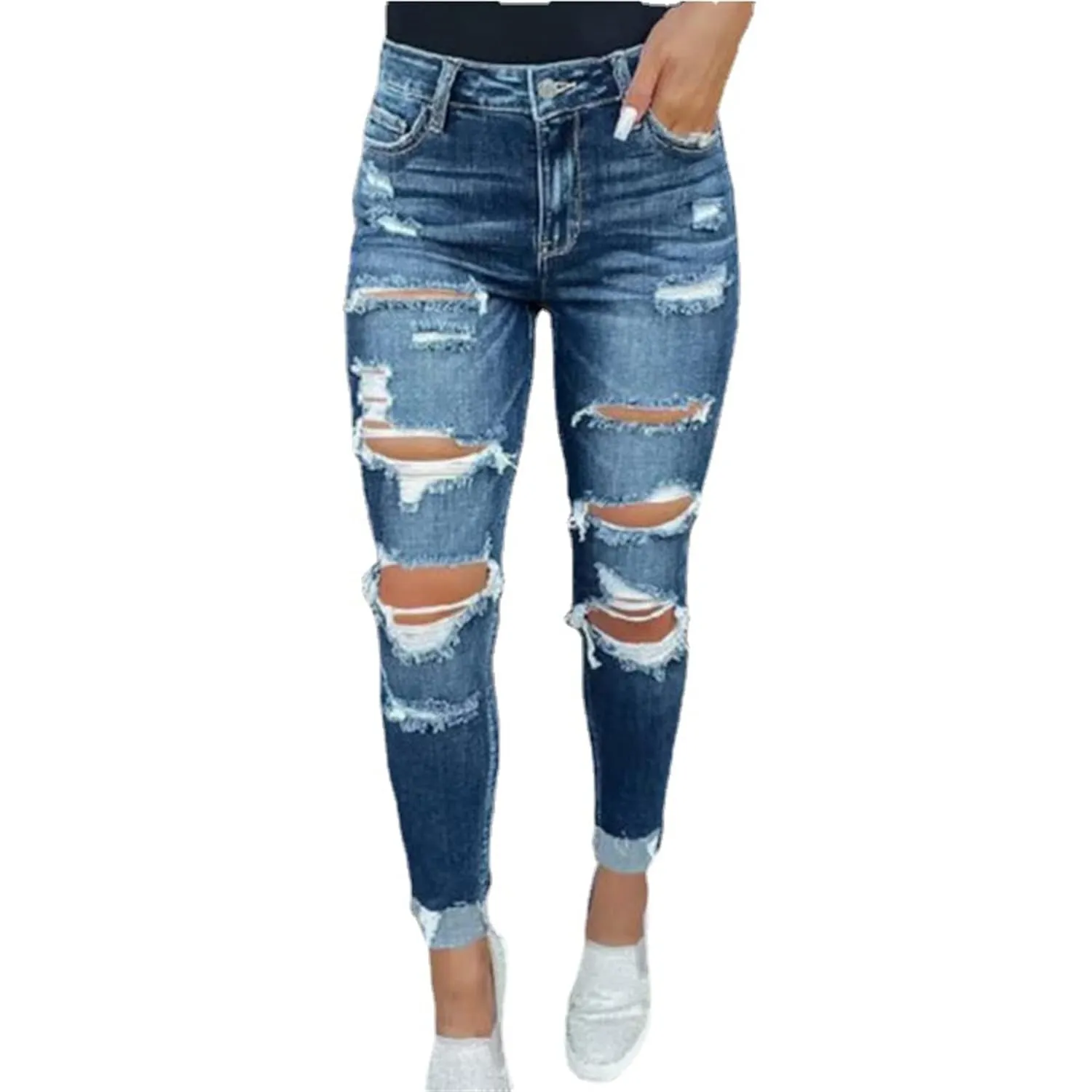 Women's Butt Lift Ripped Denim Skinny Jeans Cute Distressed Jeans Stretch Skinny Comfy Jeans with Hole (Large,Blue 1)