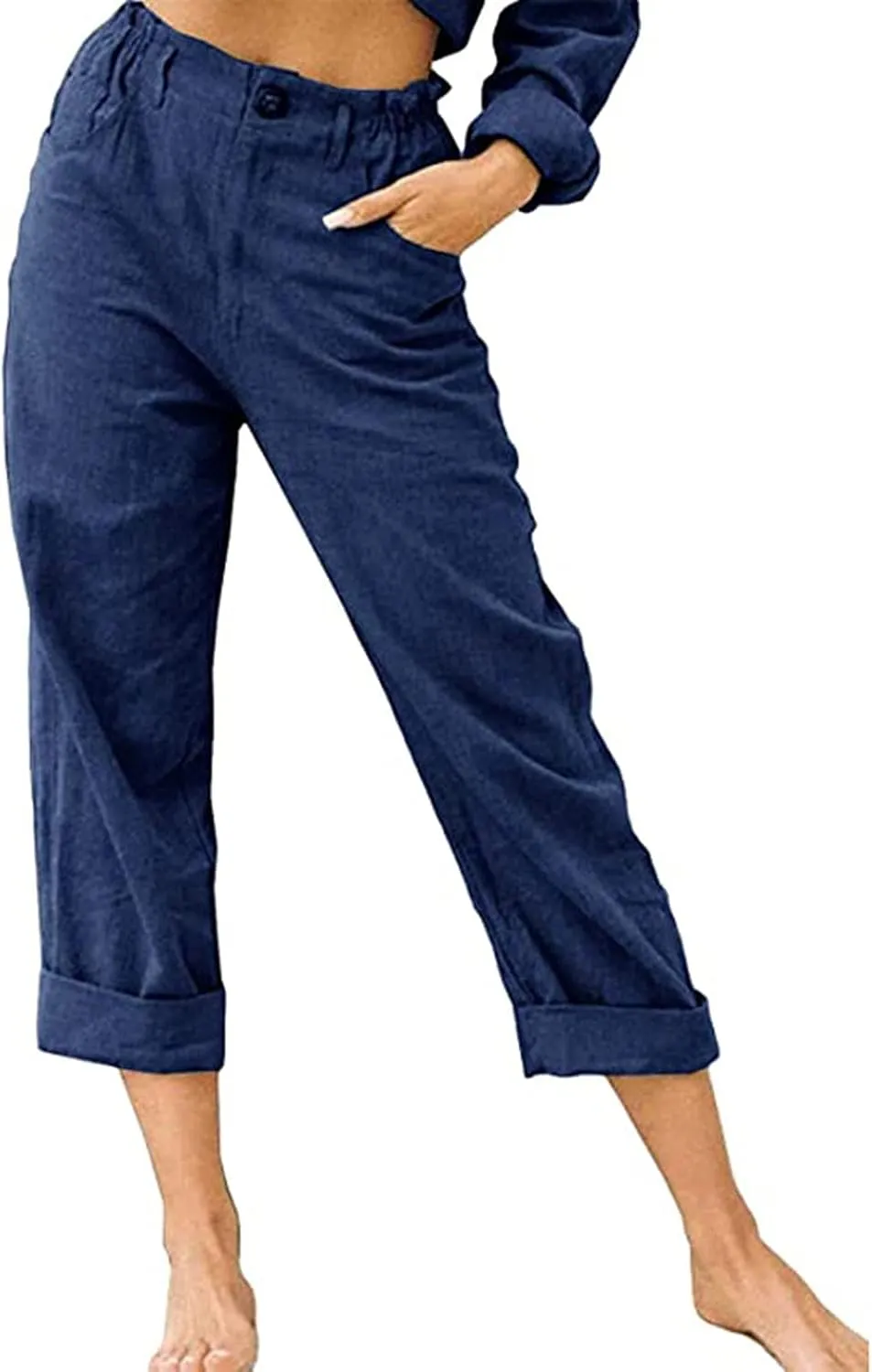 Womens Cotton Linen Pants High Waist Button Elastic Waist Pants Casual Wide Leg Leg Straight Trousers with Pockets