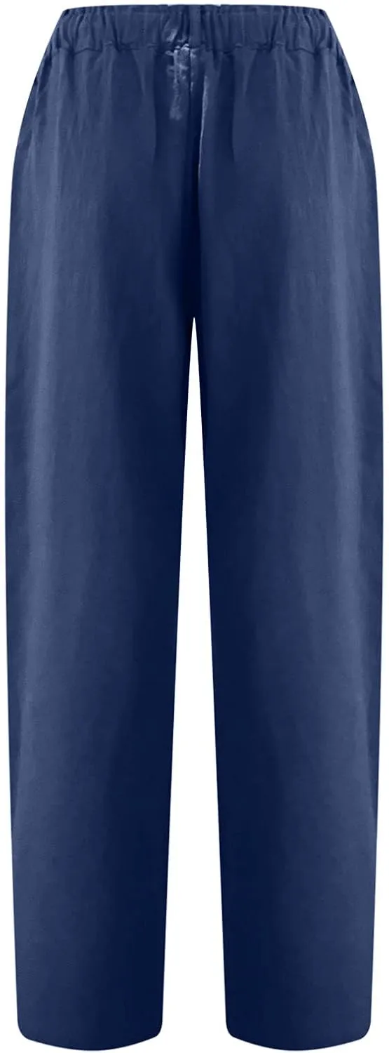 Womens Cotton Linen Pants High Waist Button Elastic Waist Pants Casual Wide Leg Leg Straight Trousers with Pockets