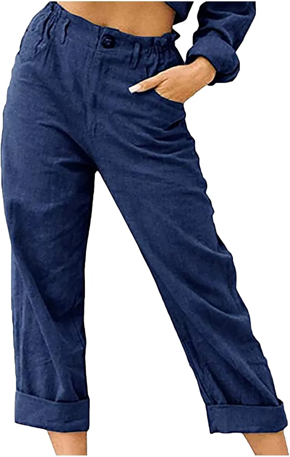 Womens Cotton Linen Pants High Waist Button Elastic Waist Pants Casual Wide Leg Leg Straight Trousers with Pockets