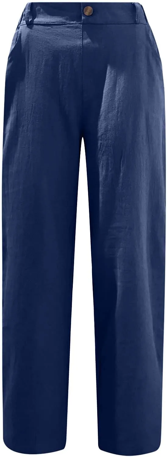 Womens Cotton Linen Pants High Waist Button Elastic Waist Pants Casual Wide Leg Leg Straight Trousers with Pockets