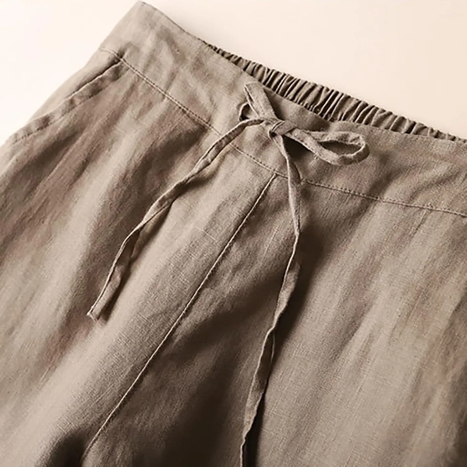 Womens Plus Size Linen Pants Wide Leg Capri Drawstring Elastic Trousers High Elastic Waist Flowy Pants with Pockets