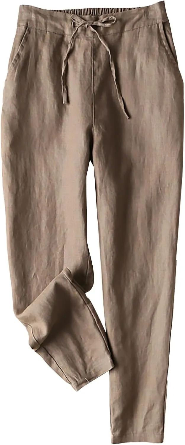 Womens Plus Size Linen Pants Wide Leg Capri Drawstring Elastic Trousers High Elastic Waist Flowy Pants with Pockets